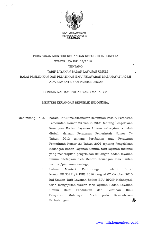 Peraturan Menteri Keuangan Nomor 25/PMK.05/2018