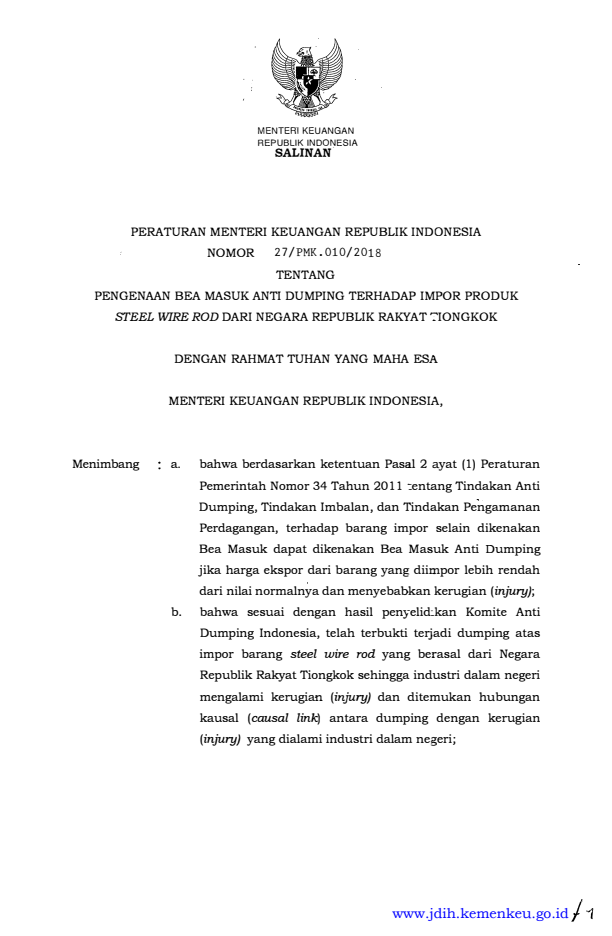 Peraturan Menteri Keuangan Nomor 27/PMK.010/2018