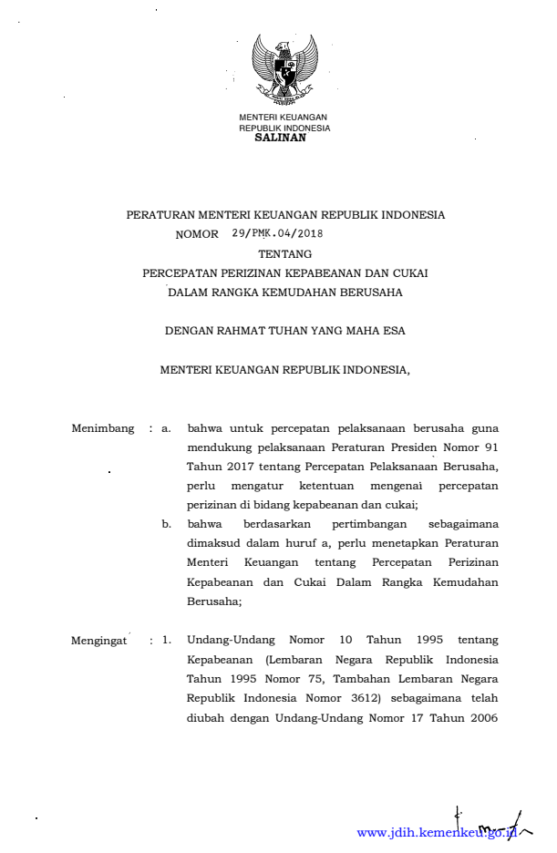 Peraturan Menteri Keuangan Nomor 29/PMK.04/2018