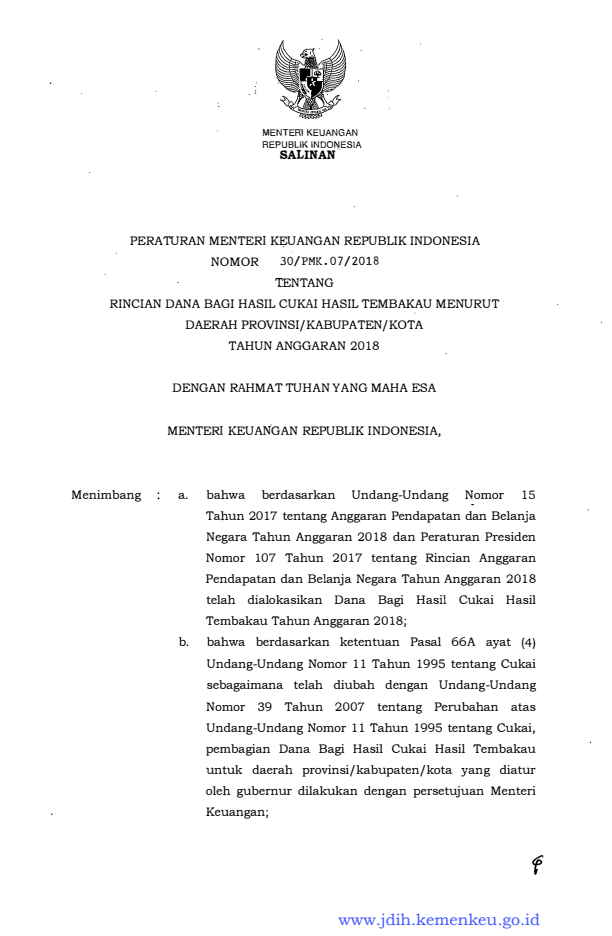 Peraturan Menteri Keuangan Nomor 30/PMK.07/2018