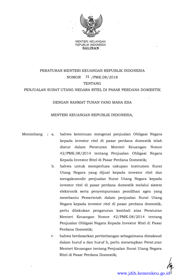 Peraturan Menteri Keuangan Nomor 31/PMK.08/2018