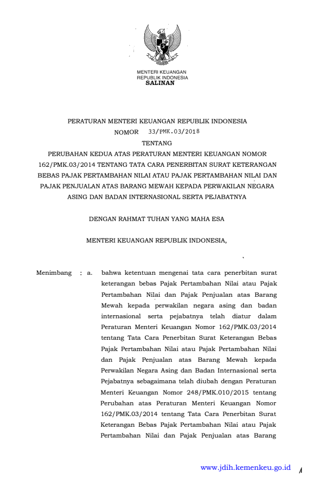 Peraturan Menteri Keuangan Nomor 33/PMK.03/2018