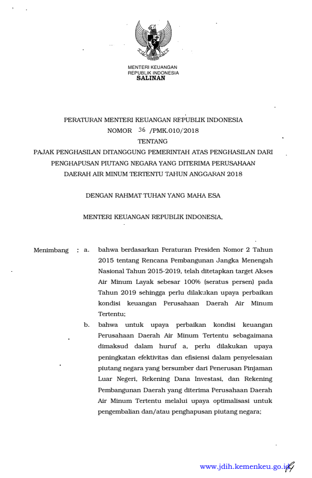 Peraturan Menteri Keuangan Nomor 36/PMK.010/2018