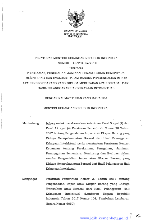 Peraturan Menteri Keuangan Nomor 40/PMK.04/2018