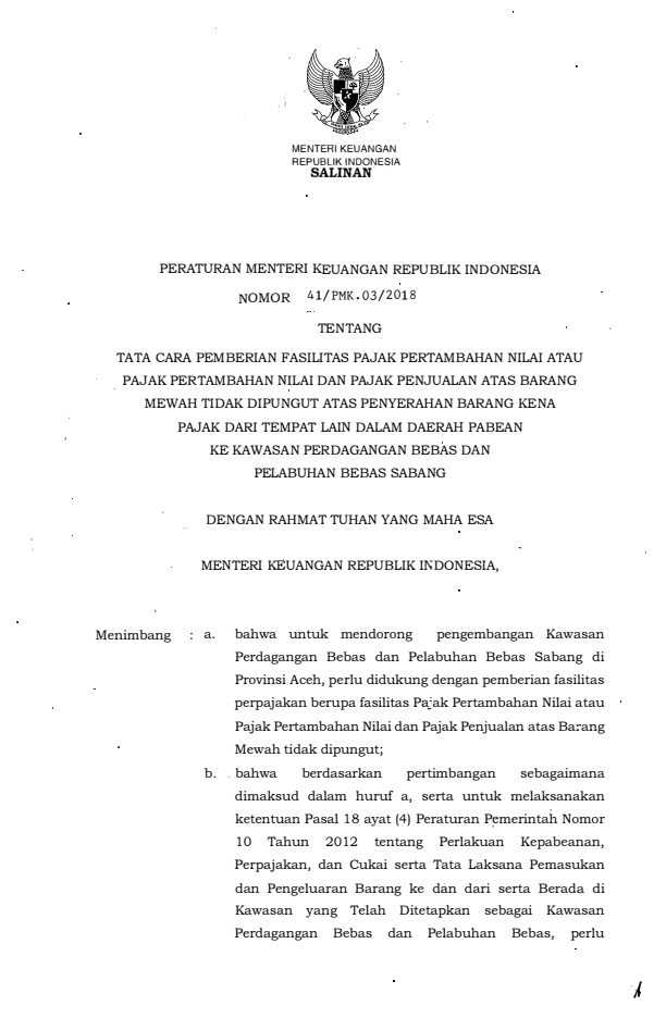 Peraturan Menteri Keuangan Nomor 41/PMK.03/2018