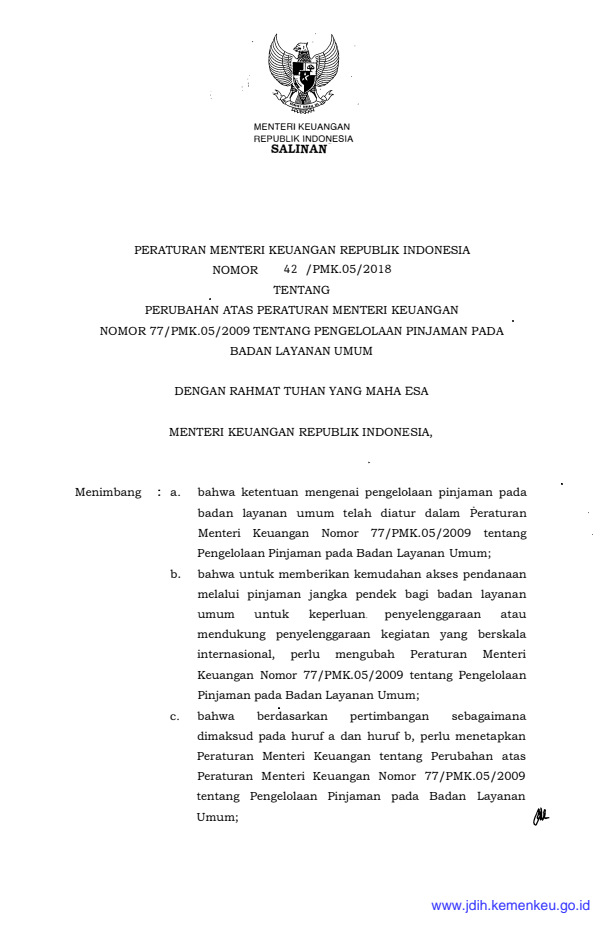 Peraturan Menteri Keuangan Nomor 42/PMK.05/2018