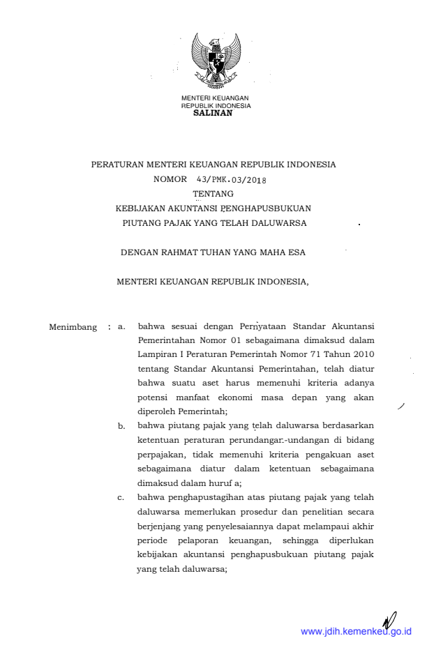 Peraturan Menteri Keuangan Nomor 43/PMK.03/2018