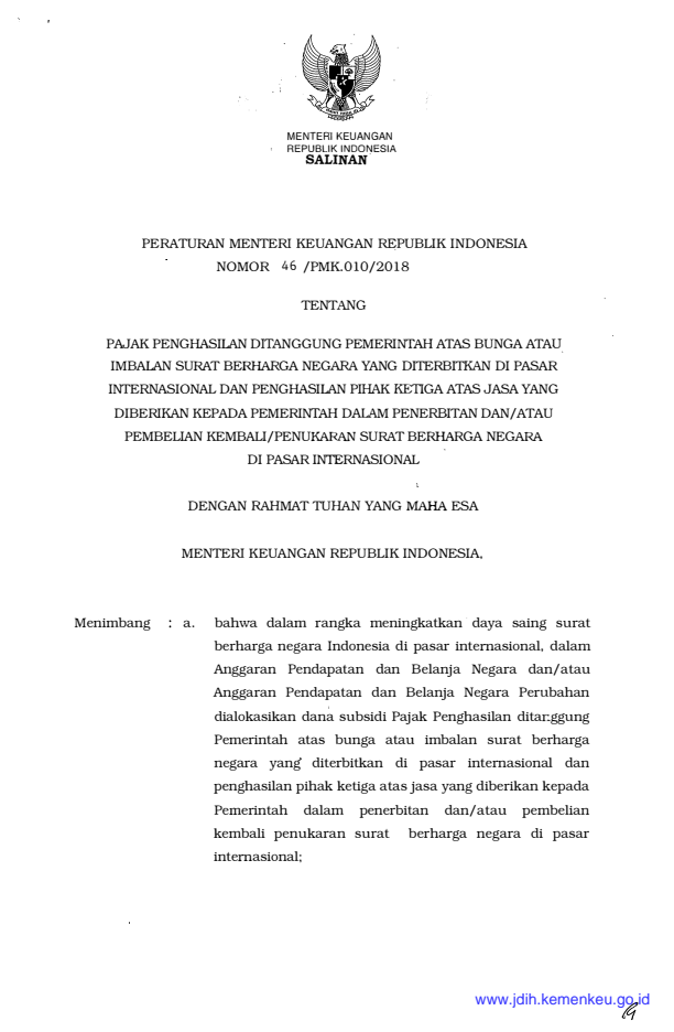 Peraturan Menteri Keuangan Nomor 46/PMK.010/2018