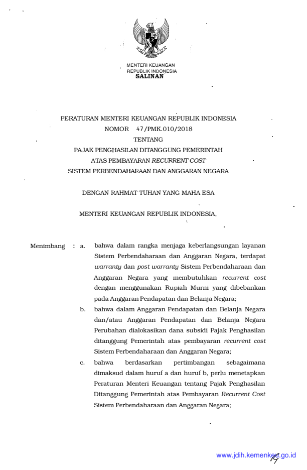 Peraturan Menteri Keuangan Nomor 47/PMK.010/2018