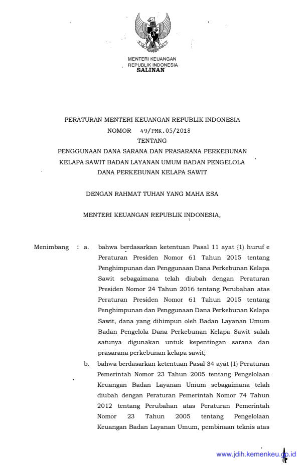 Peraturan Menteri Keuangan Nomor 49/PMK.05/2018