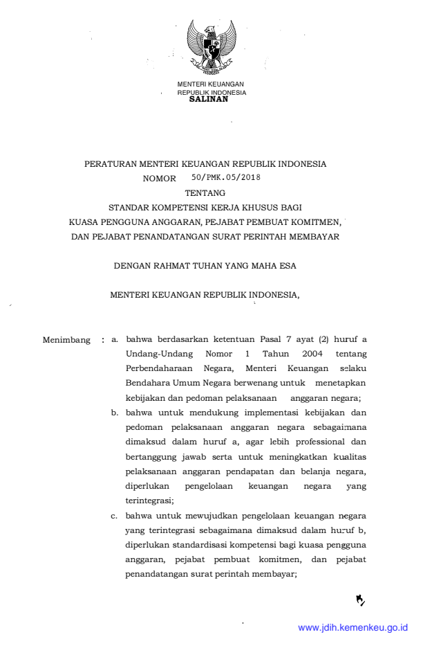 Peraturan Menteri Keuangan Nomor 50/PMK.05/2018