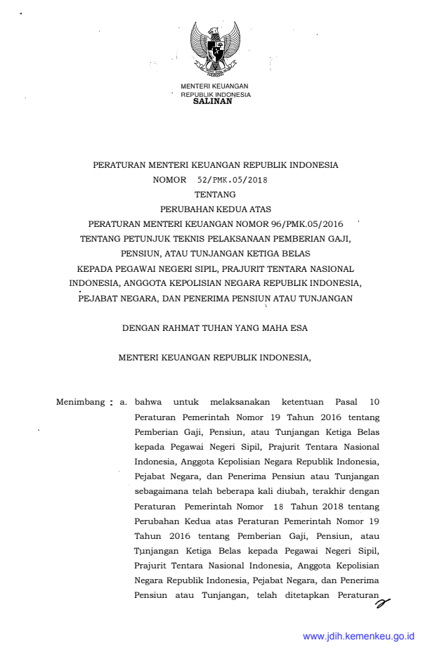 Peraturan Menteri Keuangan Nomor 52/PMK.05/2018