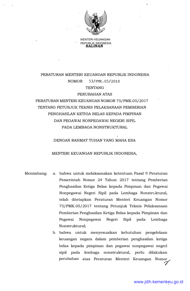 Peraturan Menteri Keuangan Nomor 53/PMK.05/2018