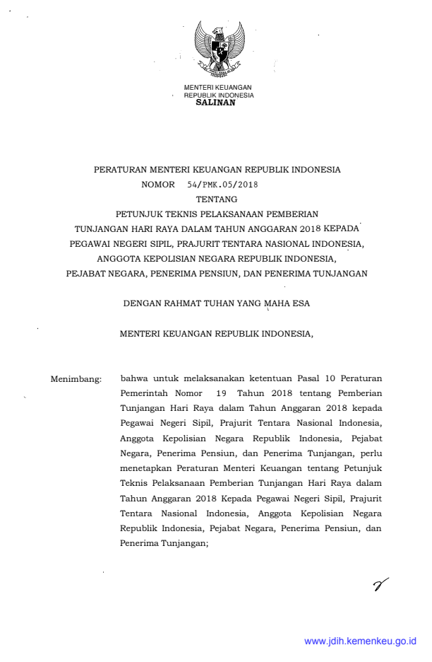 Peraturan Menteri Keuangan Nomor 54/PMK.05/2018