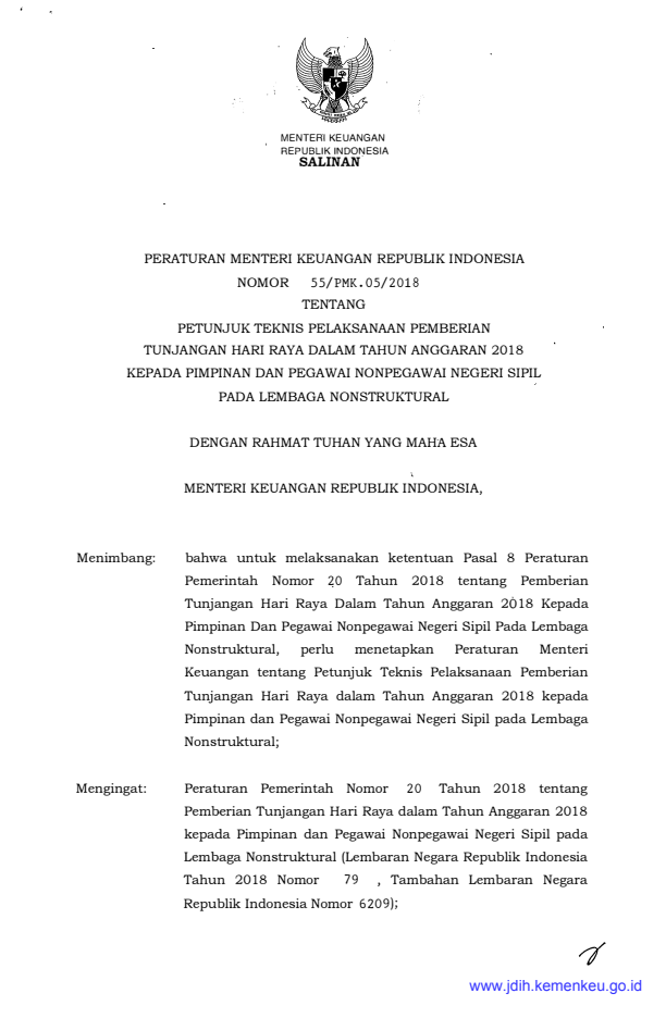 Peraturan Menteri Keuangan Nomor 55/PMK.05/2018