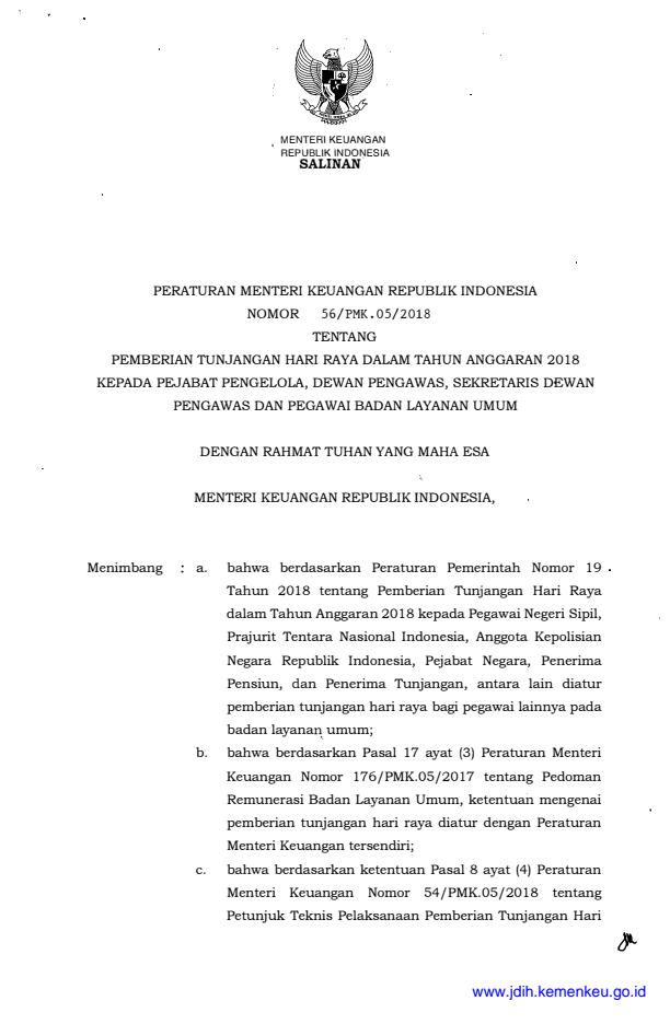 Peraturan Menteri Keuangan Nomor 56/PMK.05/2018