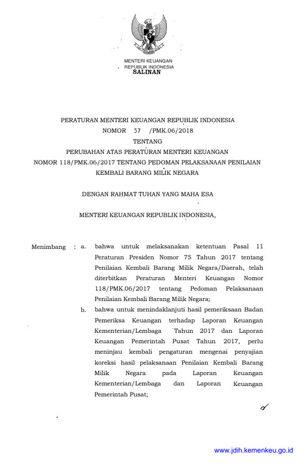 Peraturan Menteri Keuangan Nomor 57/PMK.06/2018