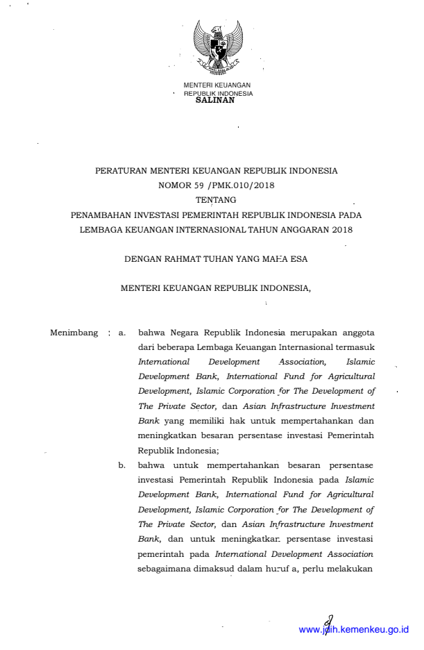 Peraturan Menteri Keuangan Nomor 59/PMK.010/2018