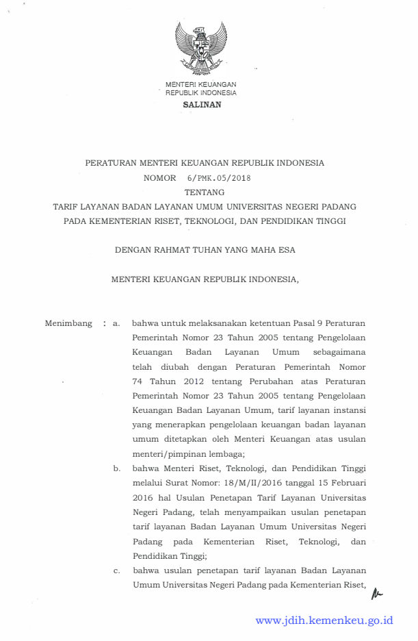 Peraturan Menteri Keuangan Nomor 6/PMK.05/2018