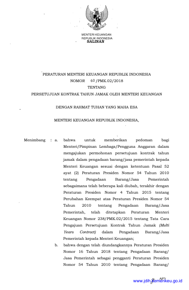 Peraturan Menteri Keuangan Nomor 60/PMK.02/2018