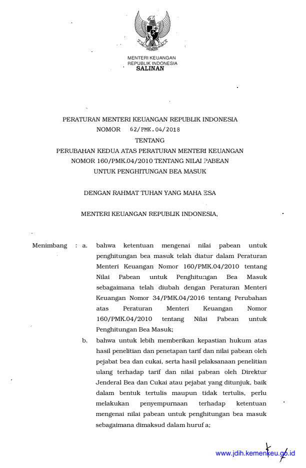 Peraturan Menteri Keuangan Nomor 62/PMK.04/2018