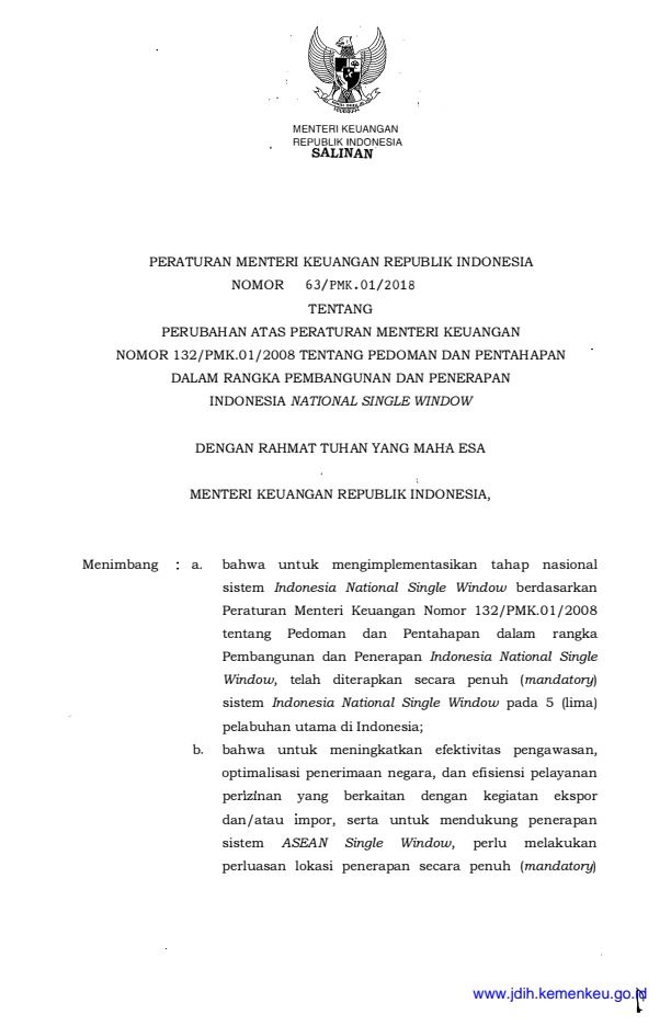 Peraturan Menteri Keuangan Nomor 63/PMK.01/2018