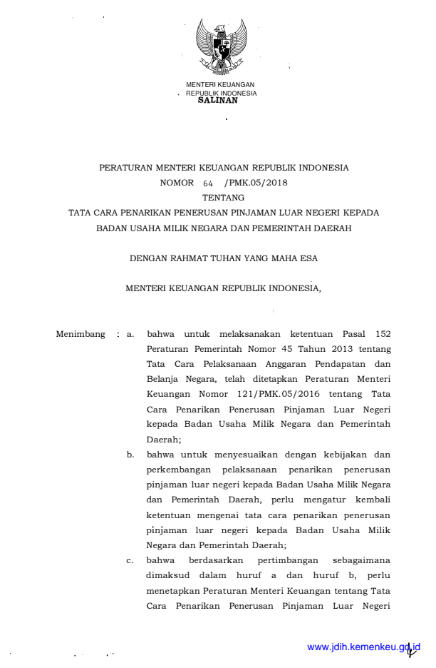 Peraturan Menteri Keuangan Nomor 64/PMK.05/2018