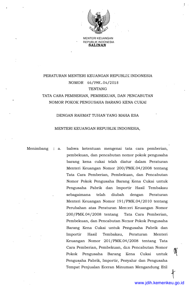 Peraturan Menteri Keuangan Nomor 66/PMK.04/2018