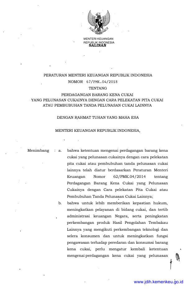 Peraturan Menteri Keuangan Nomor 67/PMK.04/2018