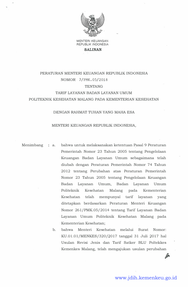 Peraturan Menteri Keuangan Nomor 7/PMK.05/2018