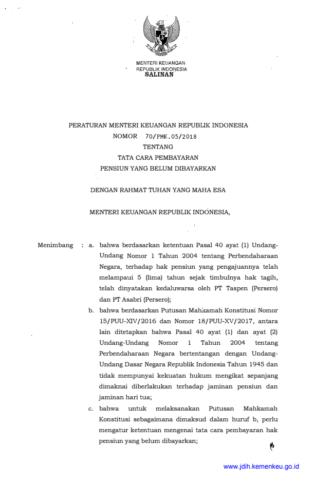 Peraturan Menteri Keuangan Nomor 70/PMK.05/2018