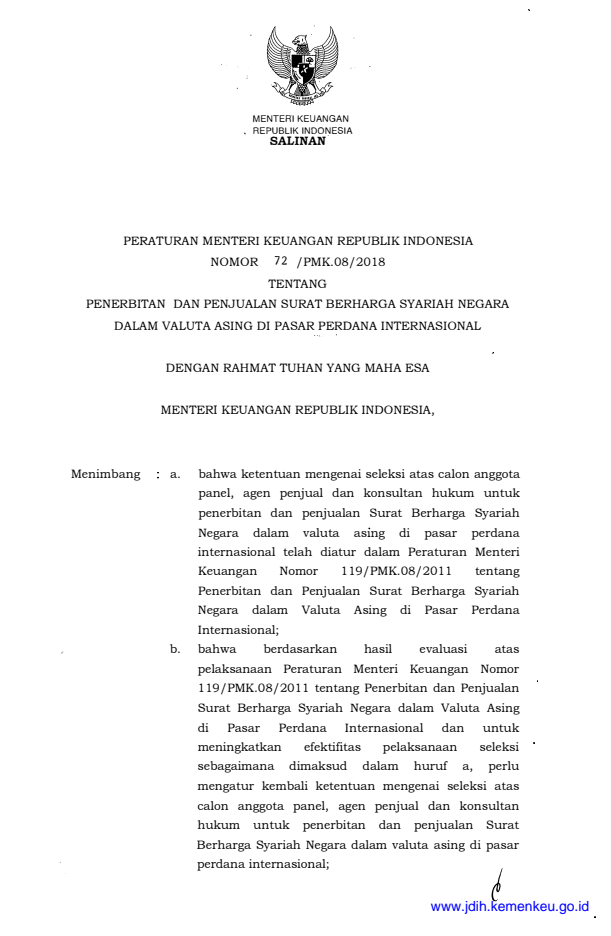 Peraturan Menteri Keuangan Nomor 72/PMK.08/2018