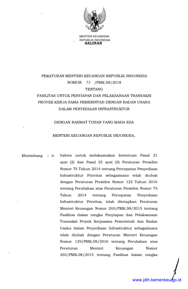 Peraturan Menteri Keuangan Nomor 73/PMK.08/2018