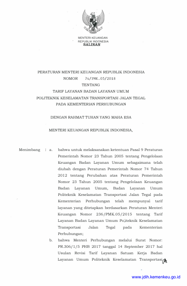 Peraturan Menteri Keuangan Nomor 74/PMK.05/2018