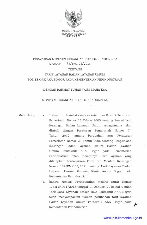 Peraturan Menteri Keuangan Nomor 78/PMK.05/2018