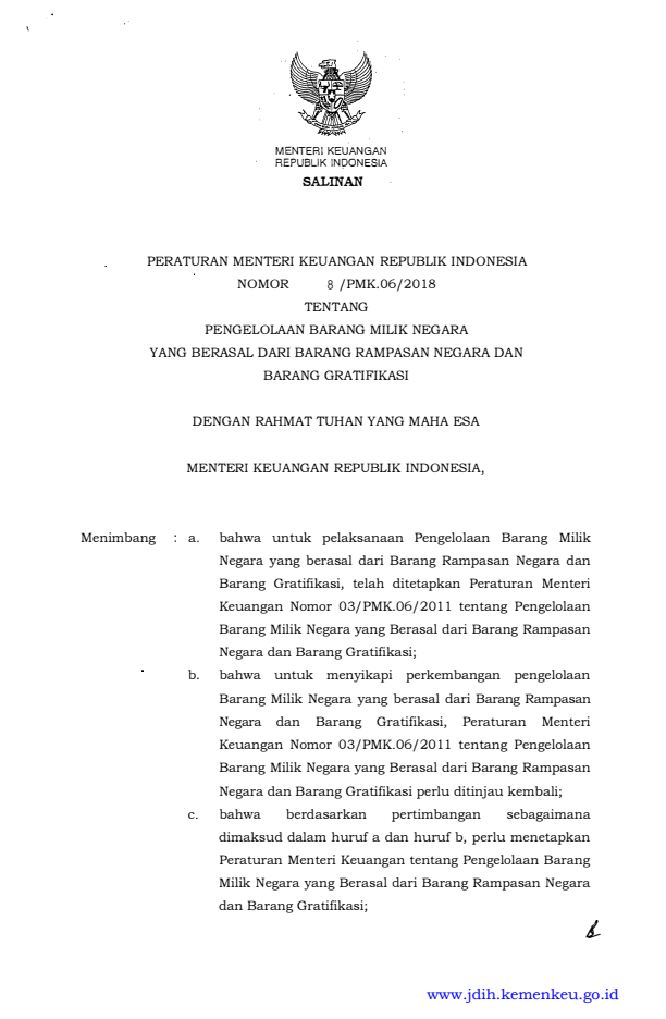 Peraturan Menteri Keuangan Nomor 8/PMK.06/2018