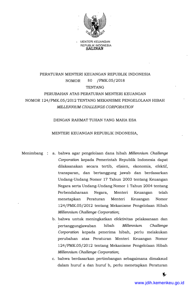 Peraturan Menteri Keuangan Nomor 80/PMK.05/2018