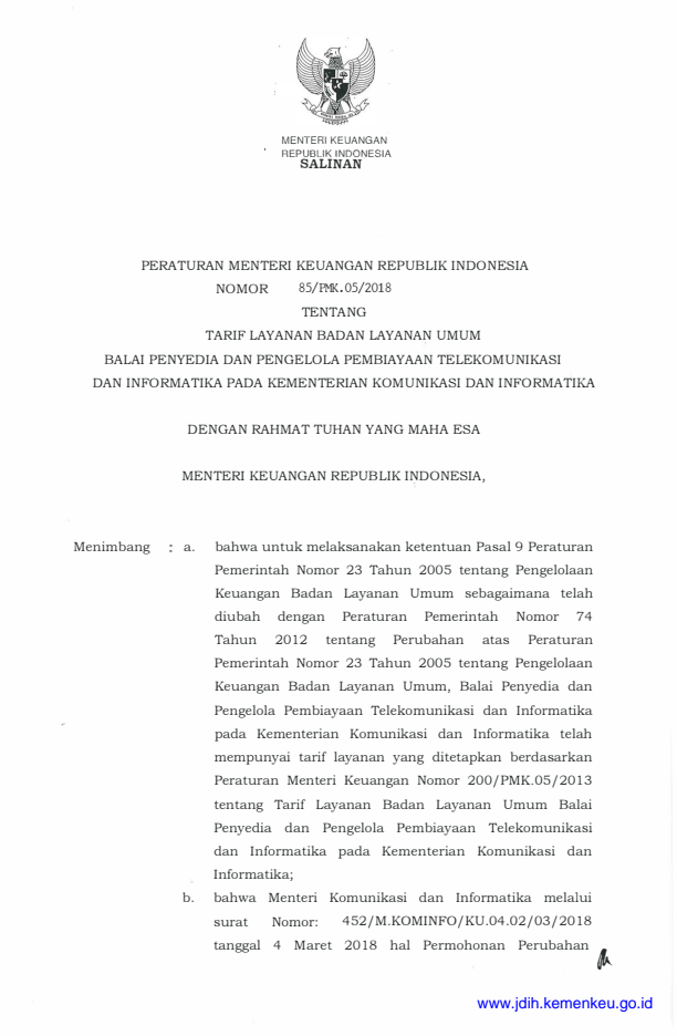 Peraturan Menteri Keuangan Nomor 85/PMK.05/2018