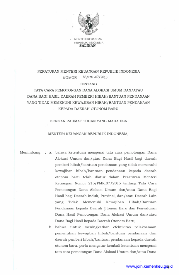 Peraturan Menteri Keuangan Nomor 86/PMK.07/2018