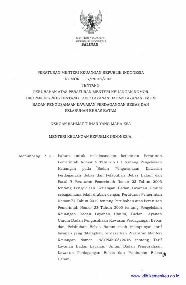 Peraturan Menteri Keuangan Nomor 87/PMK.05/2018