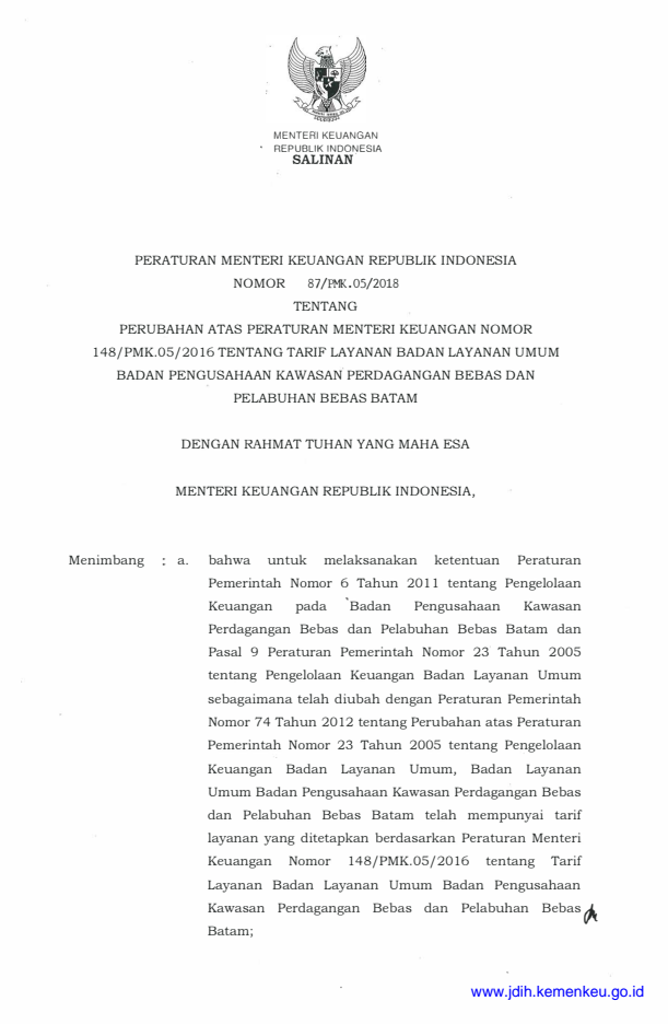 Peraturan Menteri Keuangan Nomor 87/PMK.05/2018
