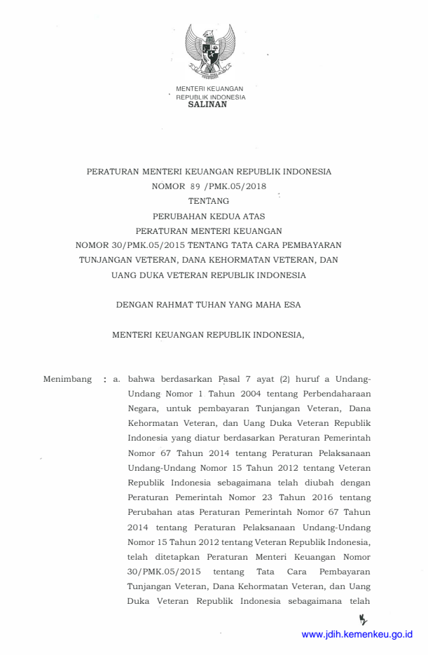 Peraturan Menteri Keuangan Nomor 89/PMK.05/2018