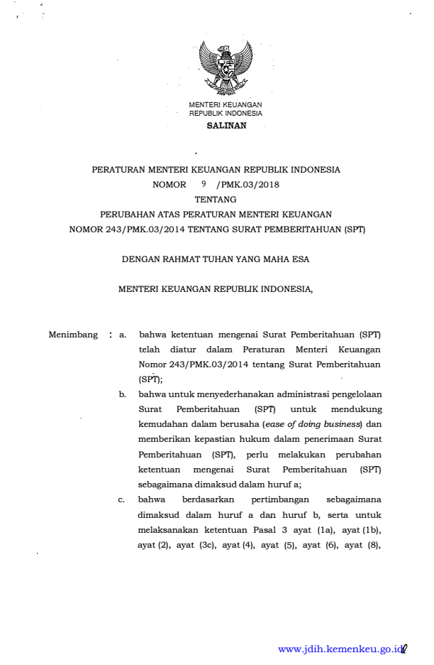 Peraturan Menteri Keuangan Nomor 9/PMK.03/2018