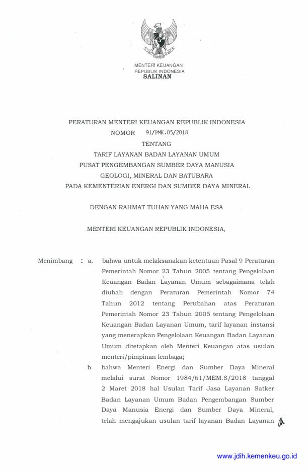 Peraturan Menteri Keuangan Nomor 91/PMK.05/2018