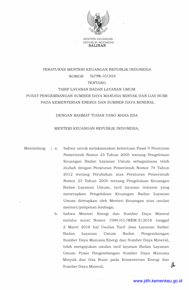 Peraturan Menteri Keuangan Nomor 92/PMK.05/2018