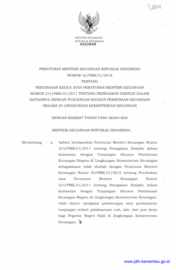 Peraturan Menteri Keuangan Nomor 93/PMK.01/2018