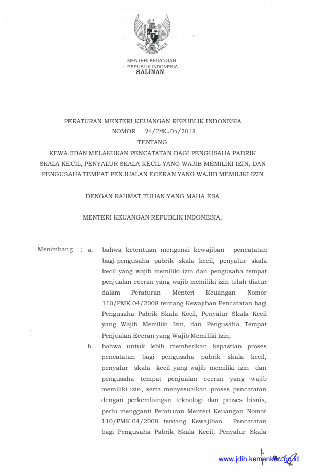 Peraturan Menteri Keuangan Nomor 94/PMK.04/2018