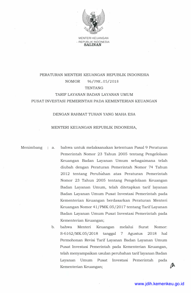 Peraturan Menteri Keuangan Nomor 96/PMK.05/2018