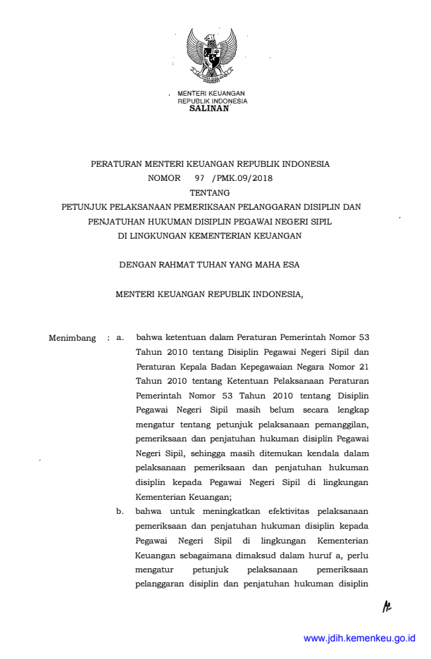 Peraturan Menteri Keuangan Nomor 97/PMK.09/2018