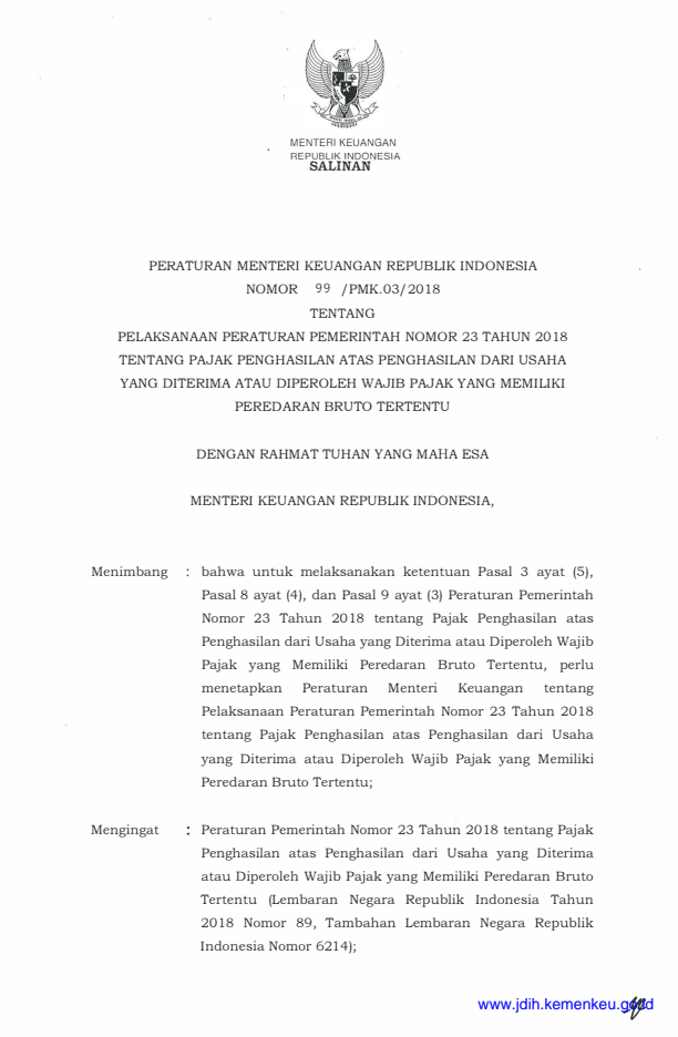 Peraturan Menteri Keuangan Nomor 99/PMK.03/2018